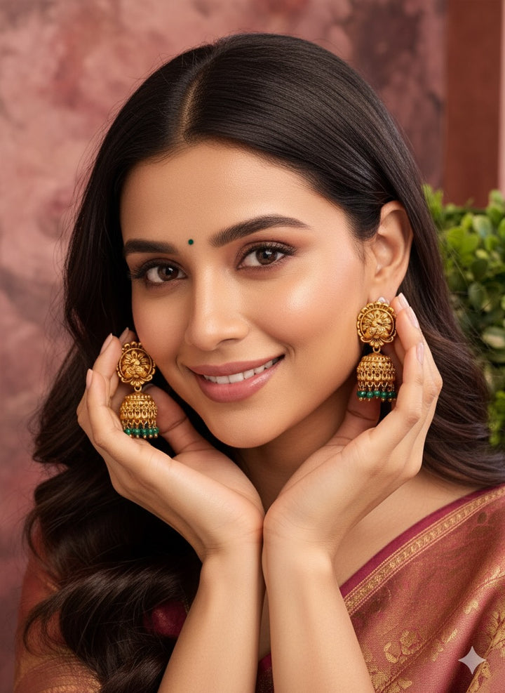 Peacock Design Earrings with Green Beads