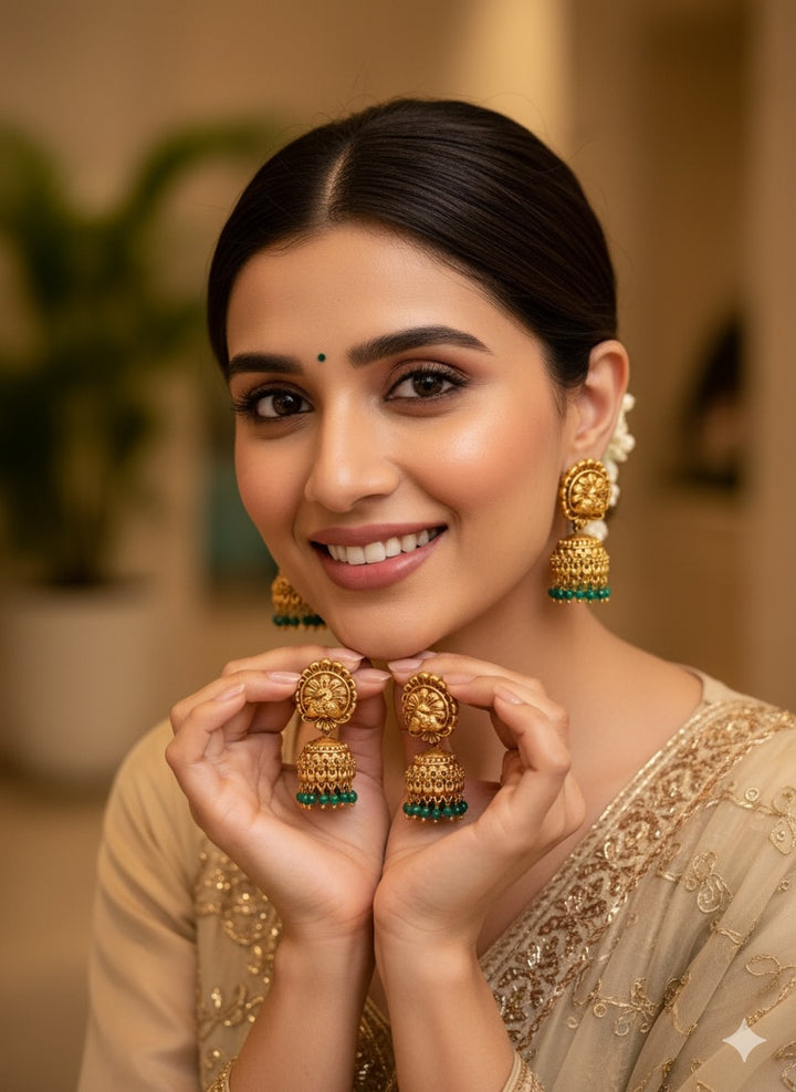 Peacock Design Earrings with Green Beads