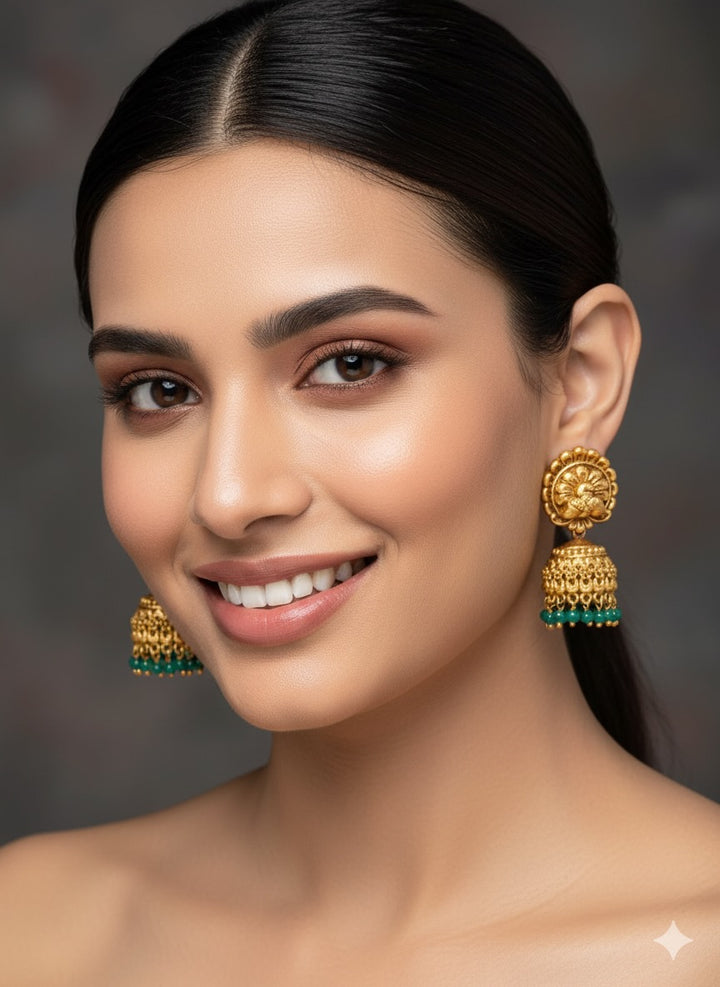 Peacock Design Earrings with Green Beads