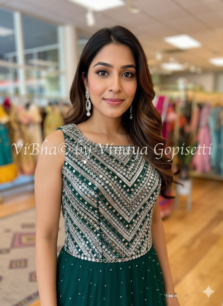 Bottle Green Mirror Work Floor Length Gown