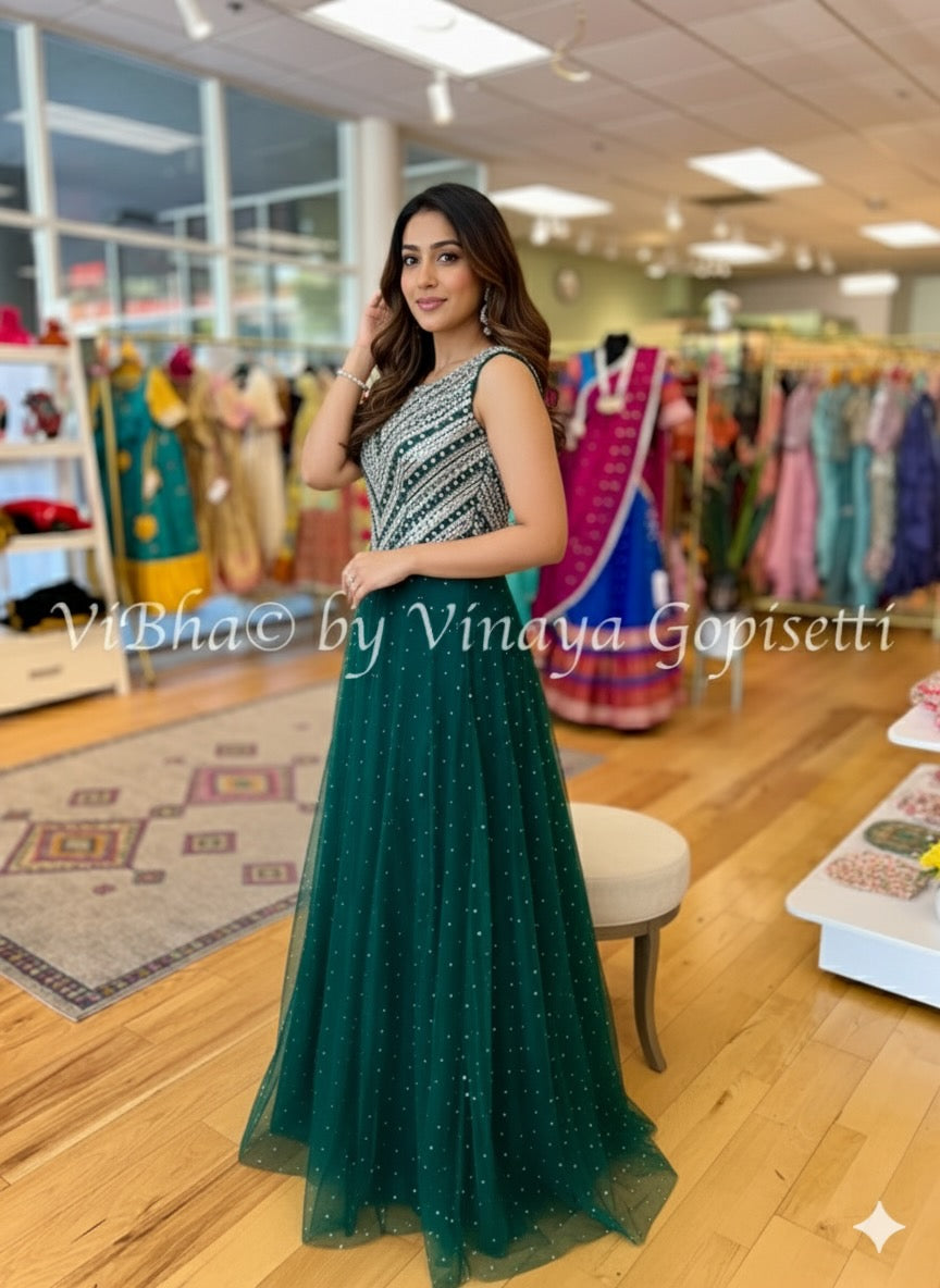Bottle Green Mirror Work Floor Length Gown