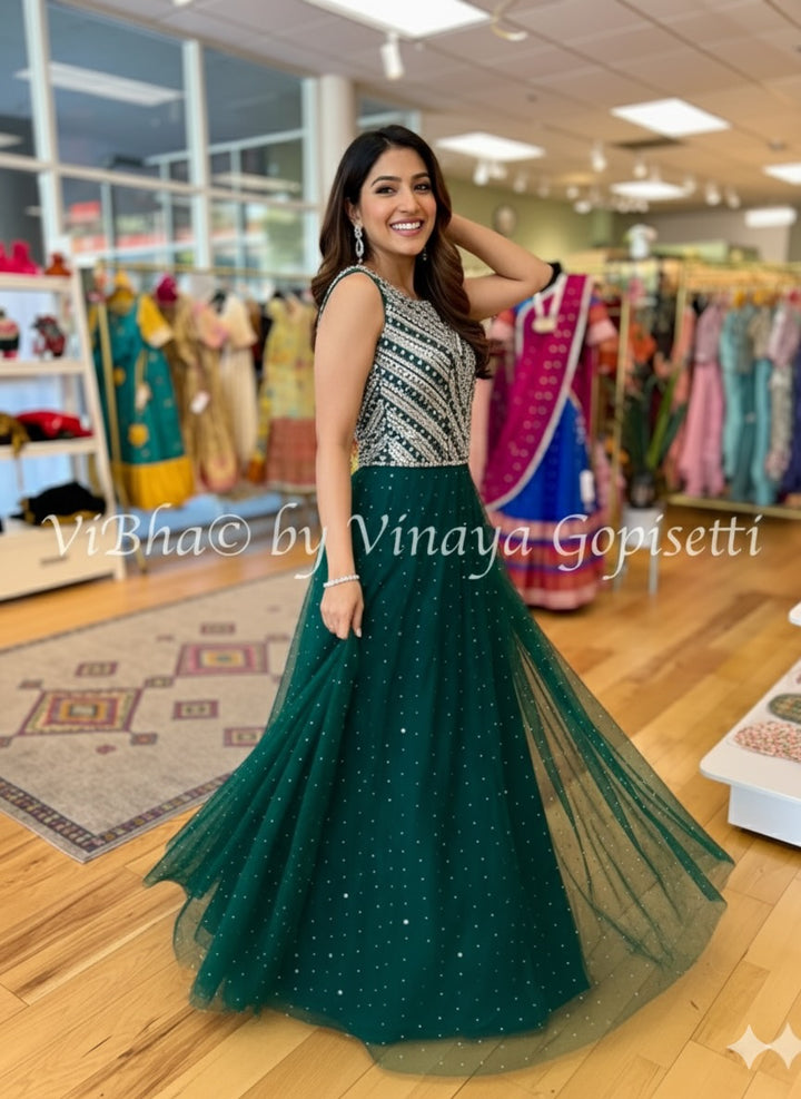 Bottle Green Mirror Work Floor Length Gown