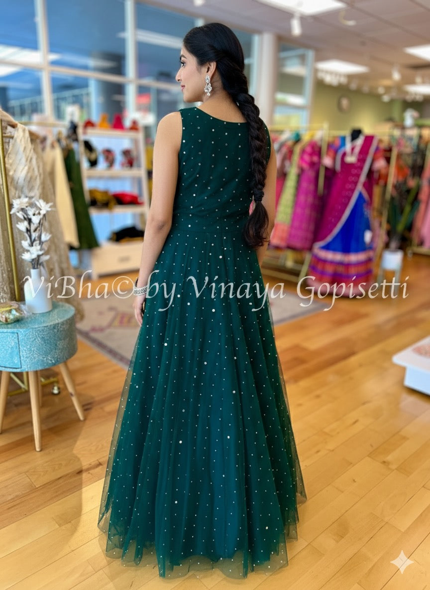 Bottle Green Mirror Work Floor Length Gown