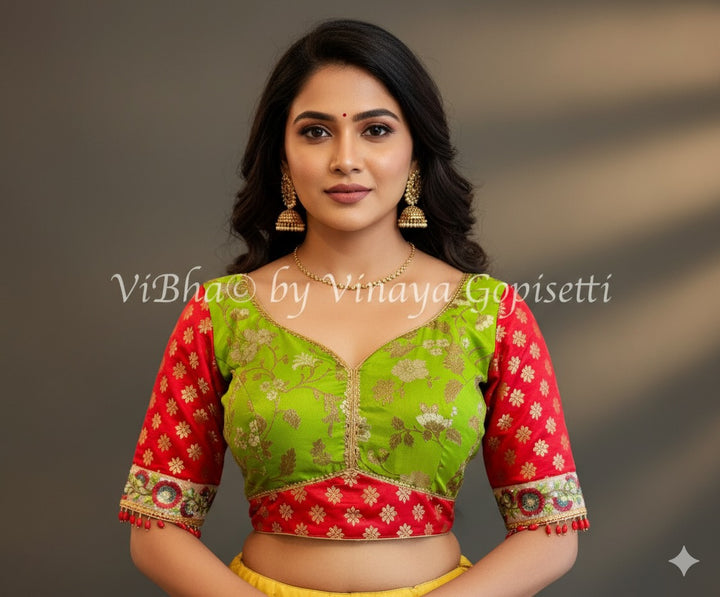 Parrot Green And Red Banarasi Brocade Blouse