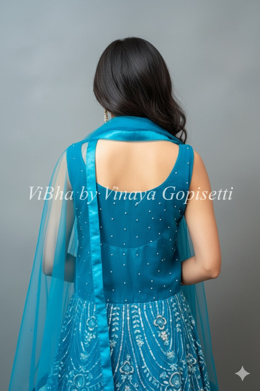 Cerulean Blue Embroidered Floor Length Gown