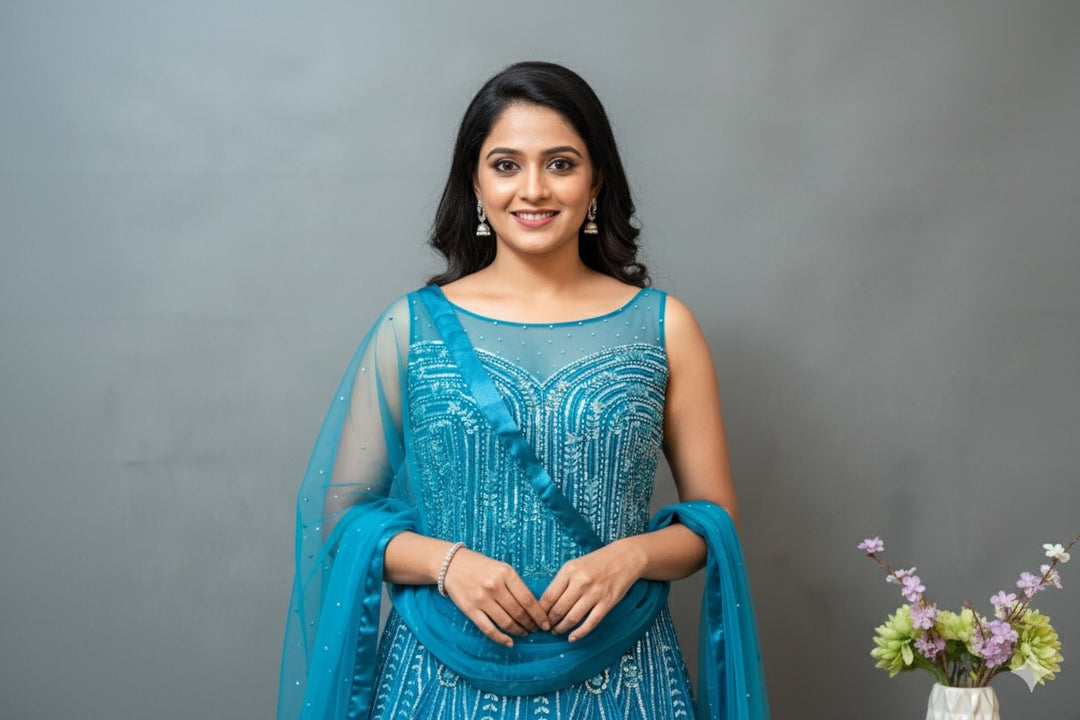 Cerulean Blue Embroidered Floor Length Gown