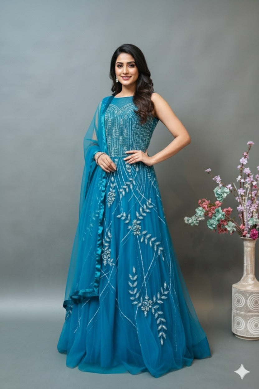 Cerulean Blue Embroidered Floor Length Gown