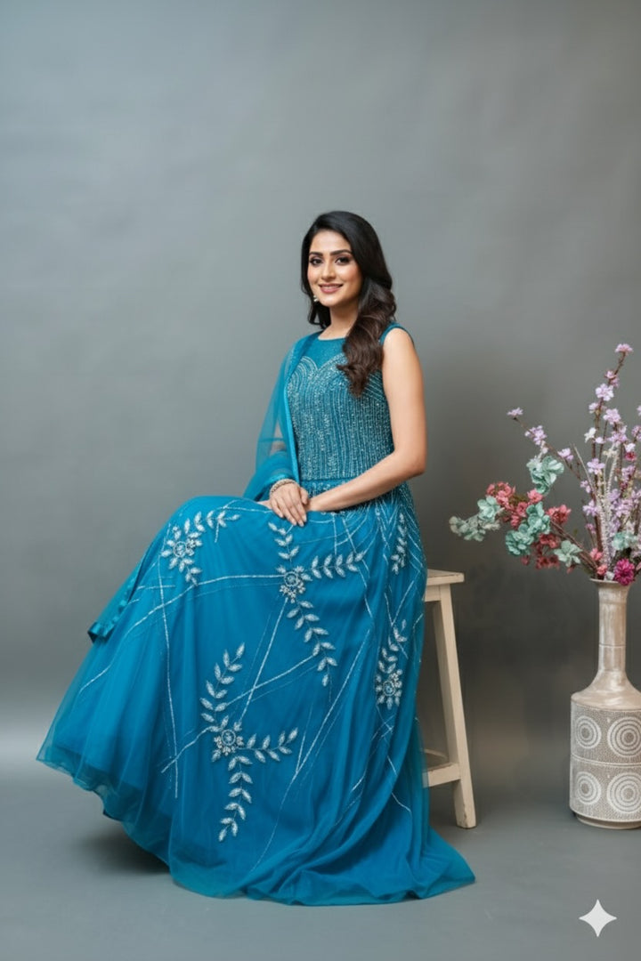 Cerulean Blue Embroidered Floor Length Gown