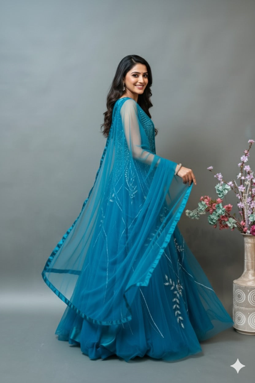 Cerulean Blue Embroidered Floor Length Gown