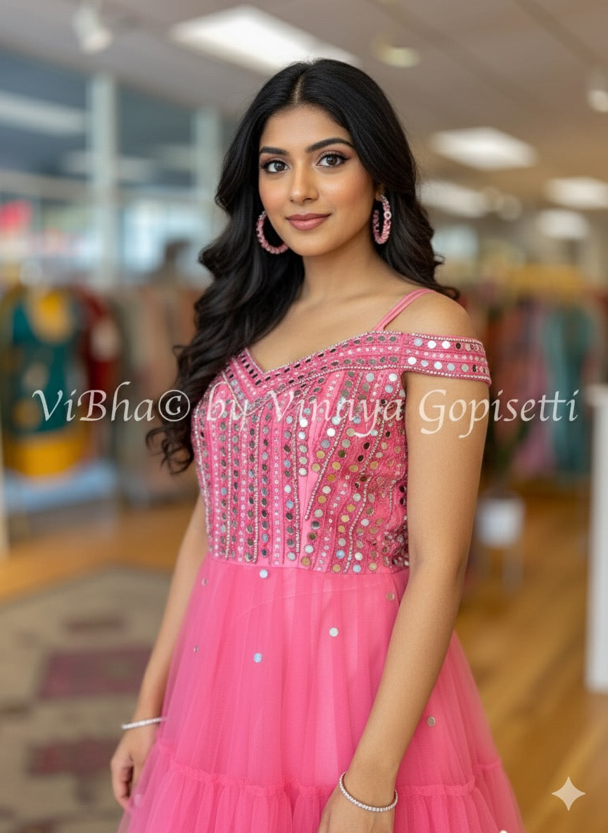 Dark Peach Mirror Work Gown