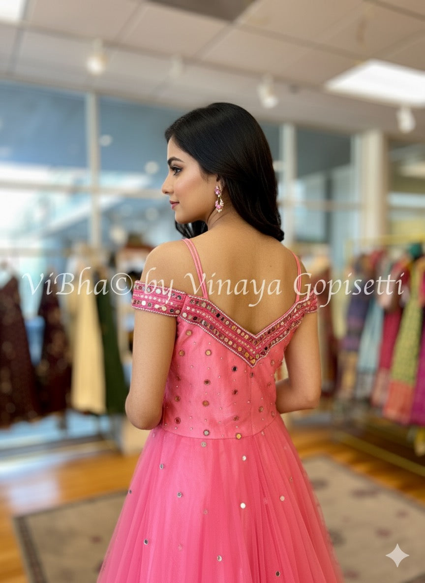 Dark Peach Mirror Work Gown