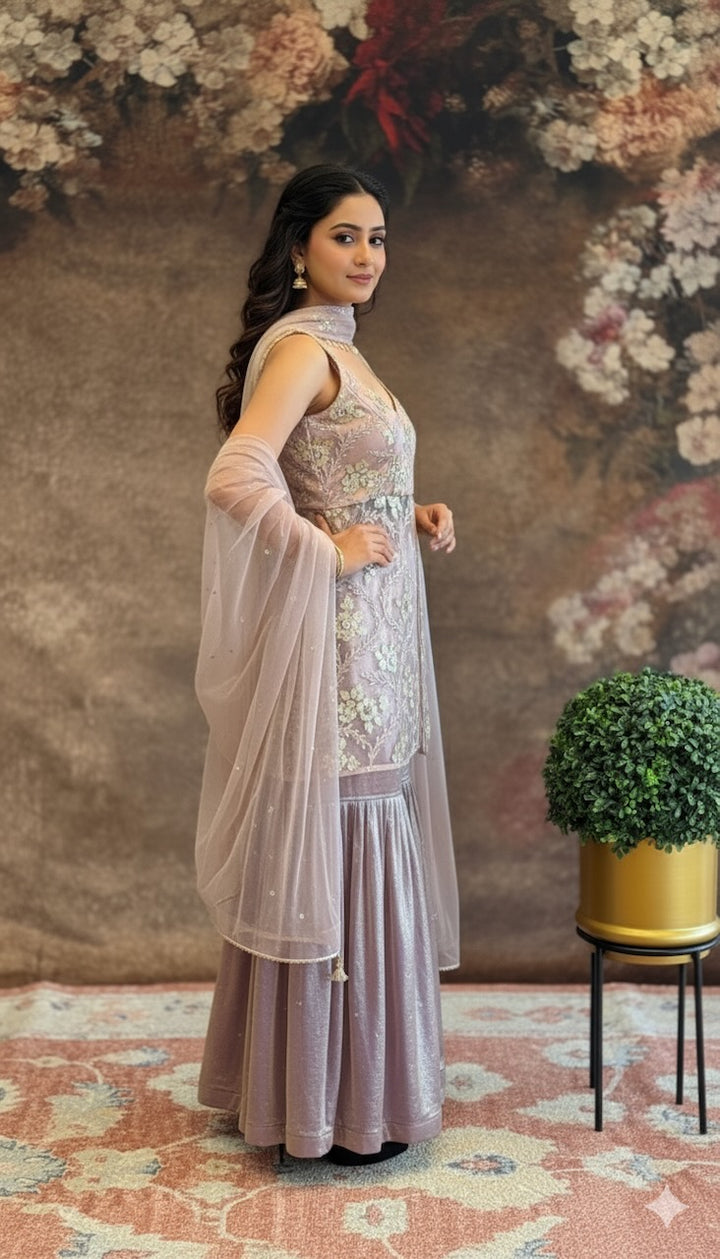 Dark-Mauve Mirror-Work Gharara Set