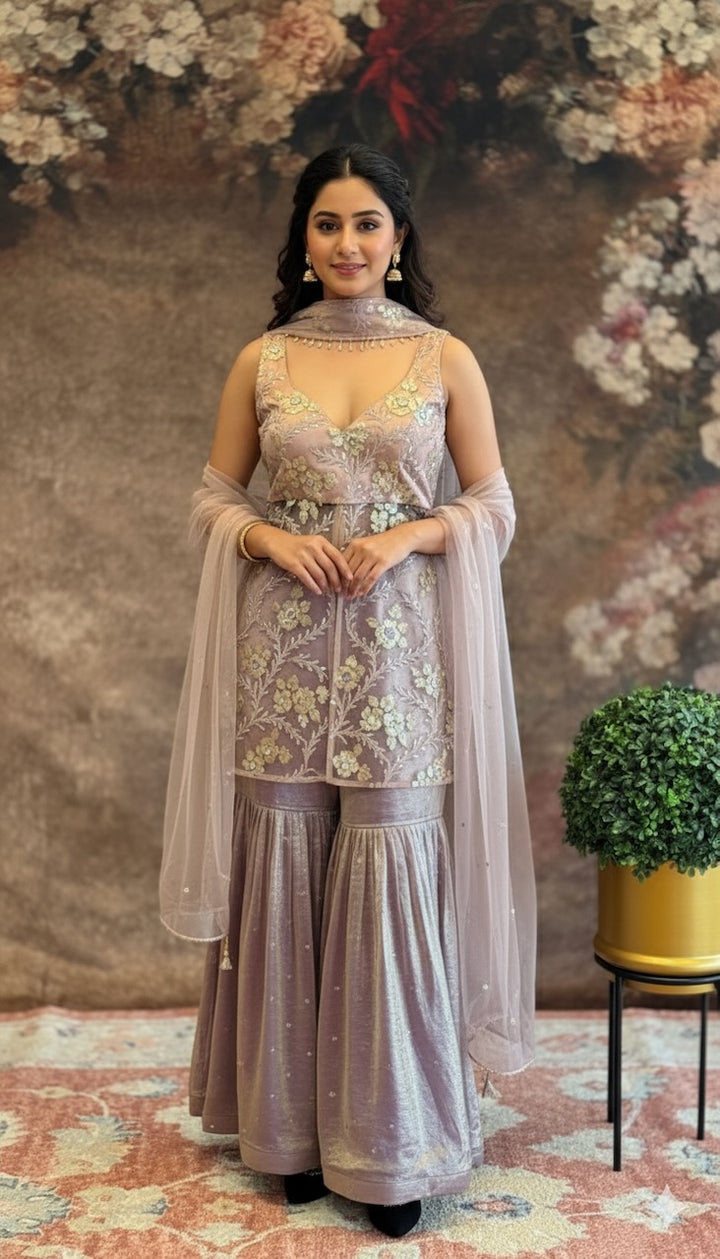Dark-Mauve Mirror-Work Gharara Set