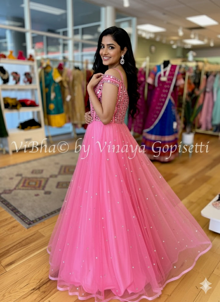 Dark Peach Mirror Work Gown