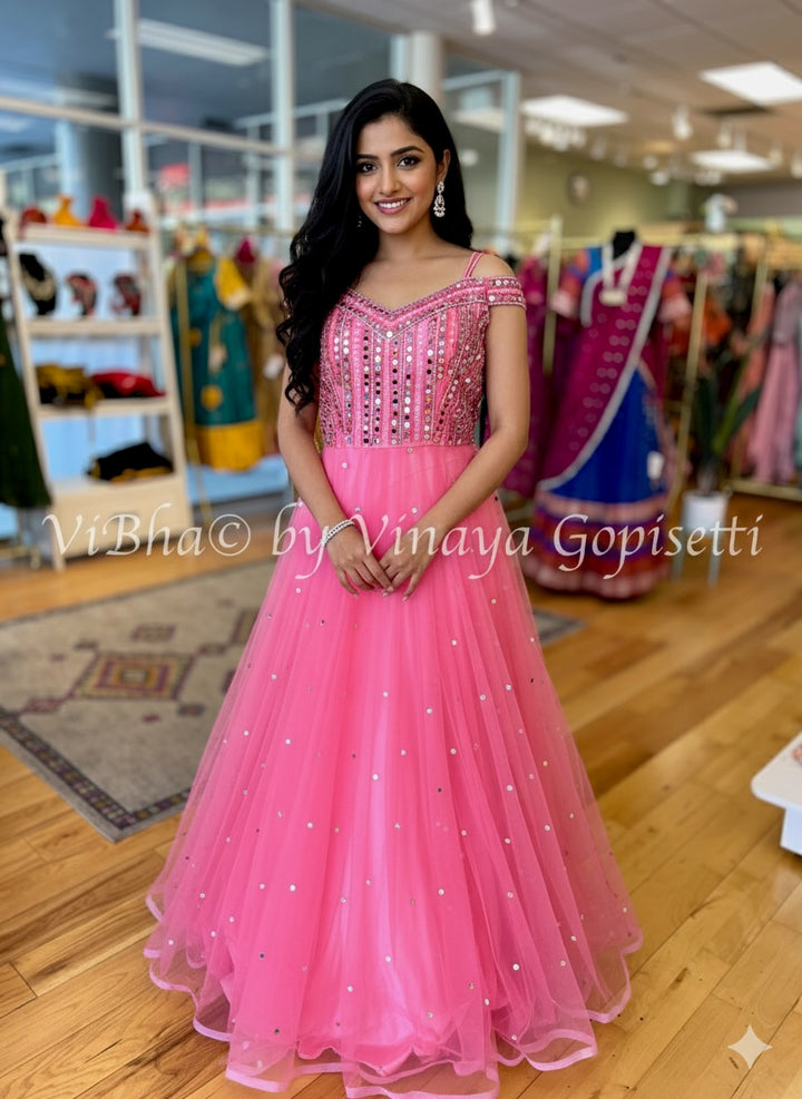 Dark Peach Mirror Work Gown