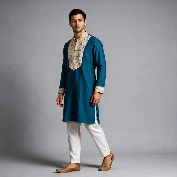 Teal color embroidered men kurta set