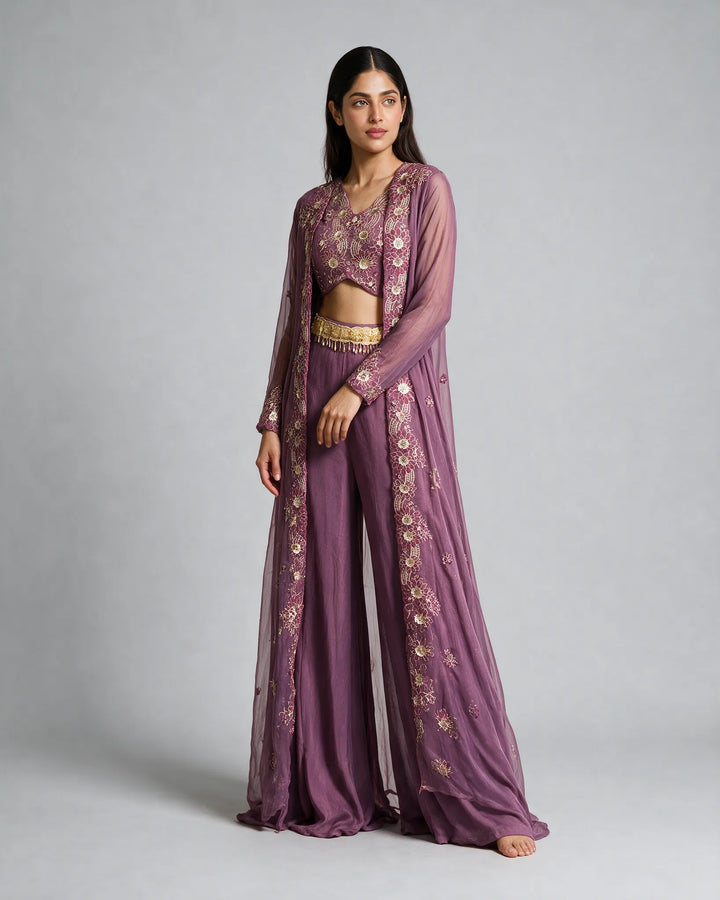 Lilac Pink Embroidered Blouse with long Jacket Sharara