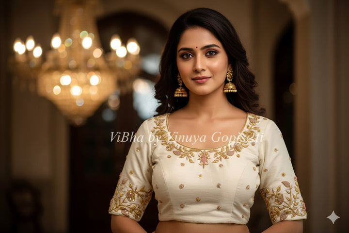 Ivory Raw Silk Blouse With Zardosi Embroidery