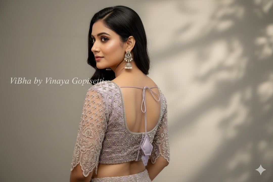 Pastel Lavender Net Blouse With Silver Zari And Crystal Embroidery.