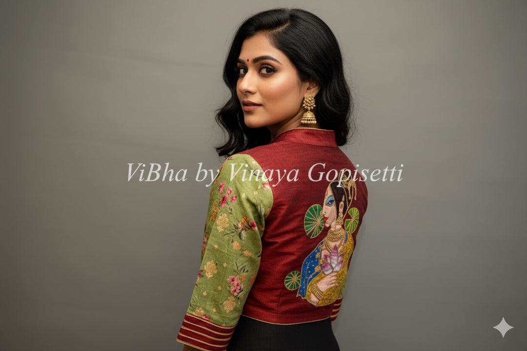 Maroon hand painted blouse with embroidery and floral sleeves.