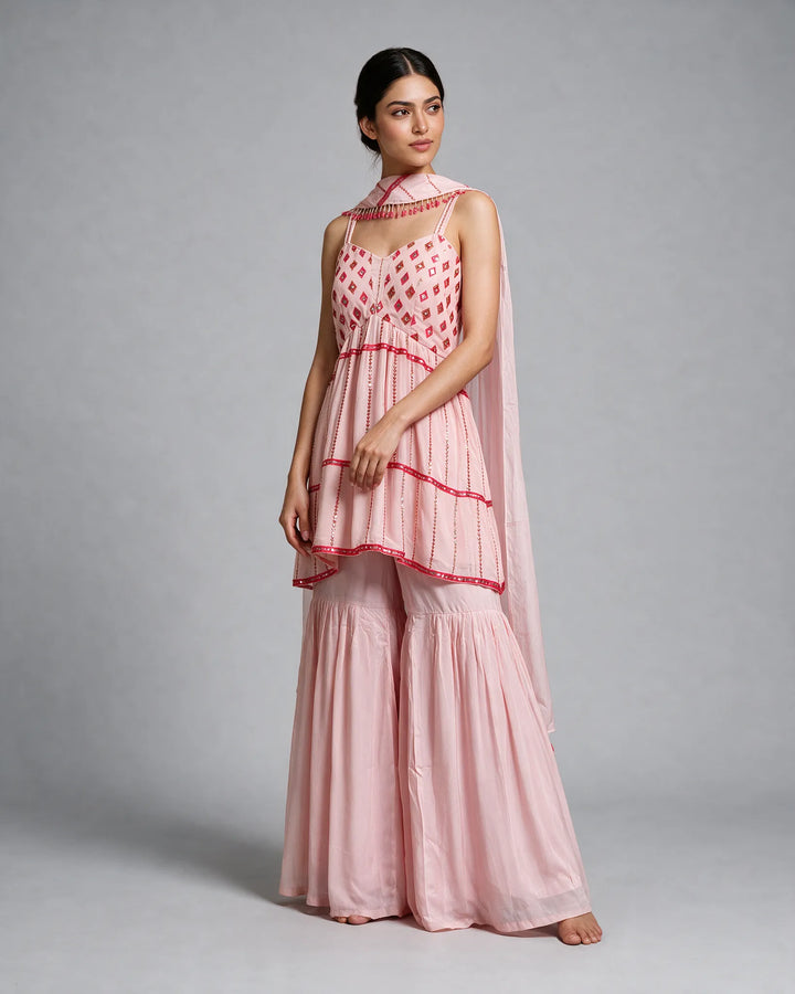 Pastel Pink Sequins Work Sharara With Choker Dupatta