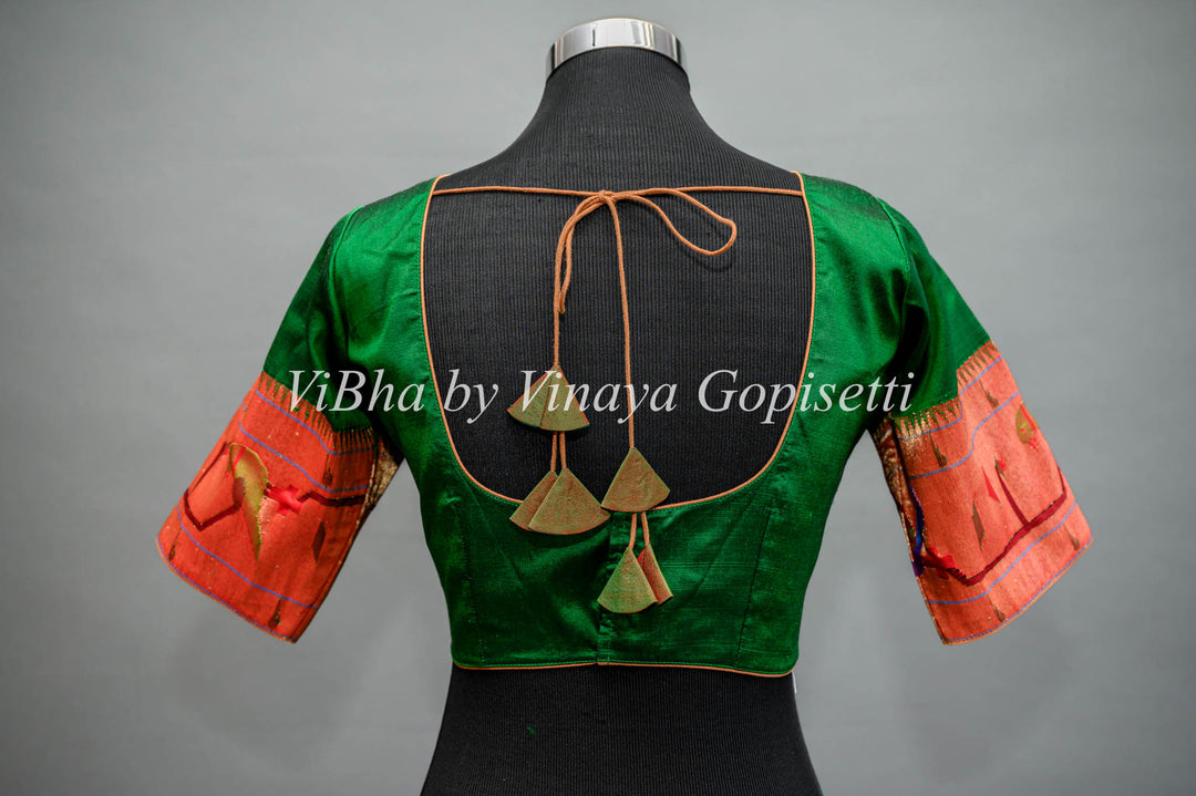 Green Paithani silk saree with Brocket Borders peacock and parrot Pallu and Blouse.