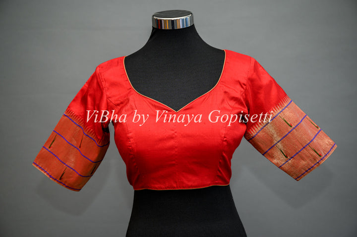 Chilli Red Paithani Silk Saree And Blouse With Triple Muniya and Mor Pallu
