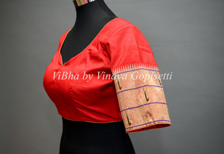 Chilli Red Paithani Silk Saree And Blouse With Triple Muniya and Mor Pallu