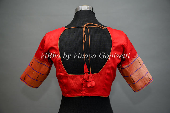 Chilli Red Paithani Silk Saree And Blouse With Triple Muniya and Mor Pallu