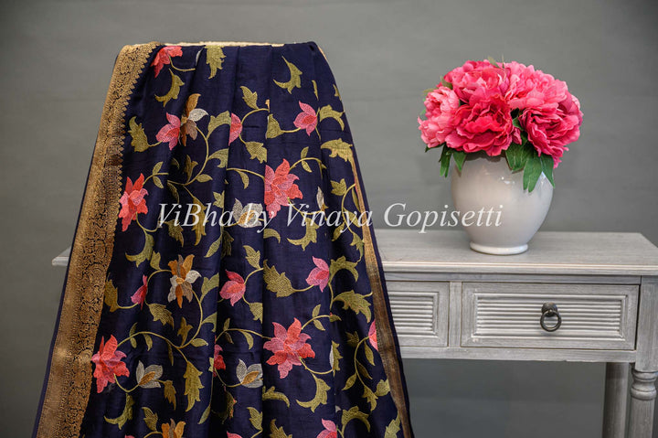 Navy Blue Banarasi Silk Saree And Blouse With Floral Thread Embroidery
