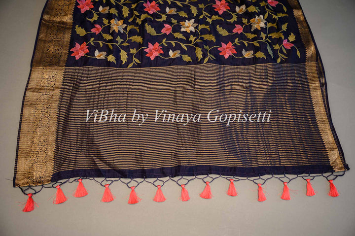 Navy Blue Banarasi Silk Saree And Blouse With Floral Thread Embroidery