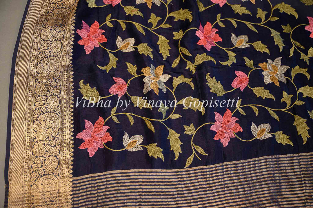 Navy Blue Banarasi Silk Saree And Blouse With Floral Thread Embroidery