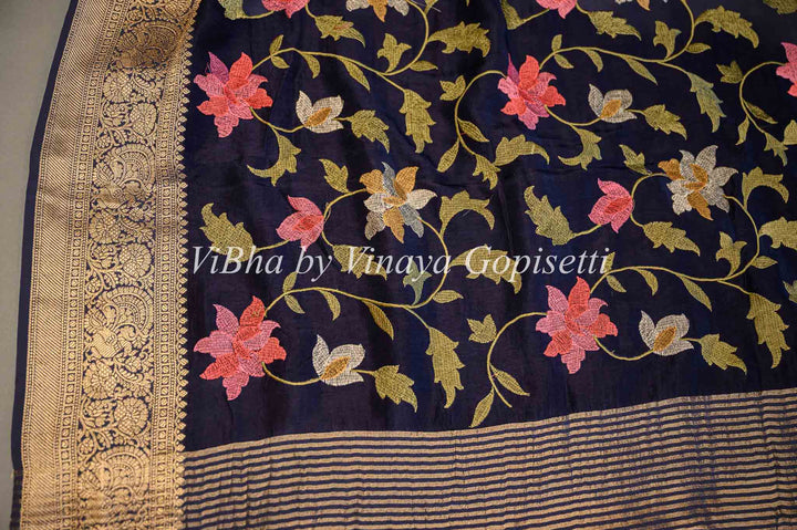 Navy Blue Banarasi Silk Saree And Blouse With Floral Thread Embroidery