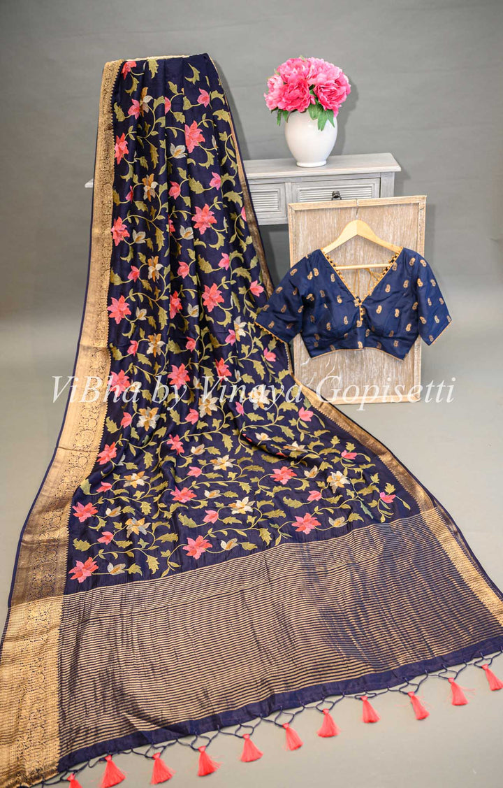 Navy Blue Banarasi Silk Saree And Blouse With Floral Thread Embroidery