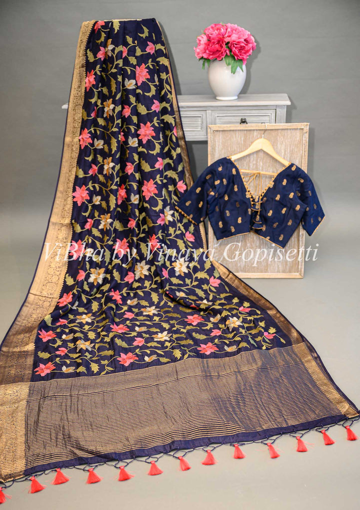 Navy Blue Banarasi Silk Saree And Blouse With Floral Thread Embroidery