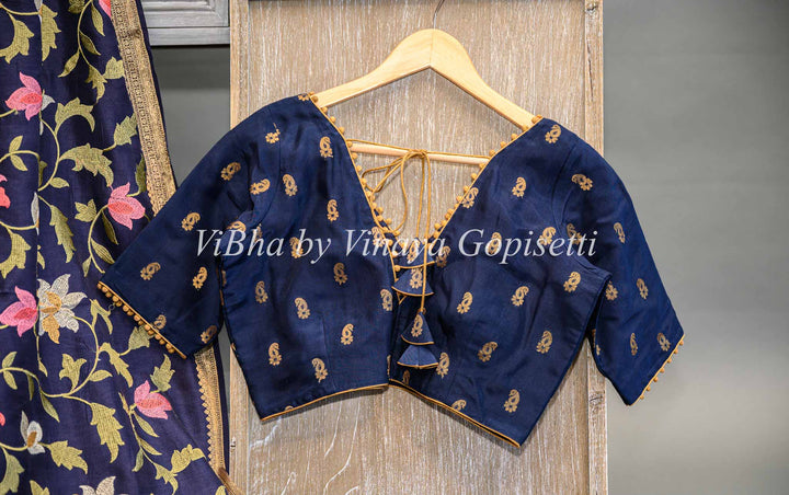 Navy Blue Banarasi Silk Saree And Blouse With Floral Thread Embroidery