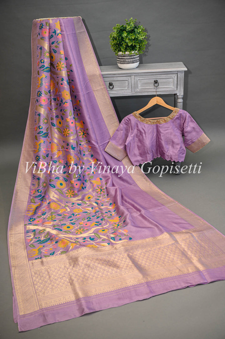 Lavender Banarasi Paithani Silk Saree And Blouse