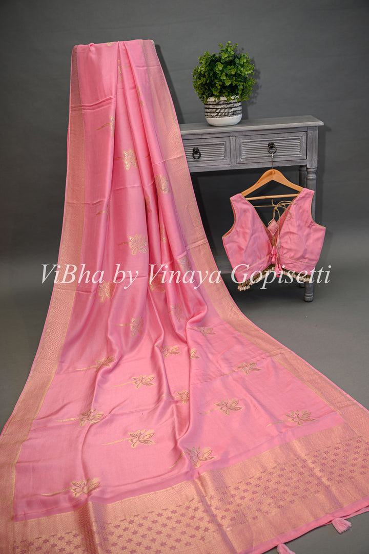Pink Banarasi Silk Saree And Blouse With Flower Motifs
