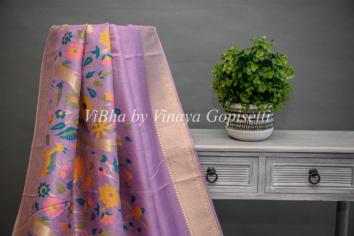 Lavender Banarasi Paithani Silk Saree And Blouse