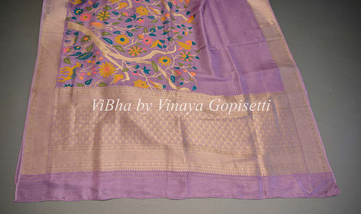 Lavender Banarasi Paithani Silk Saree And Blouse