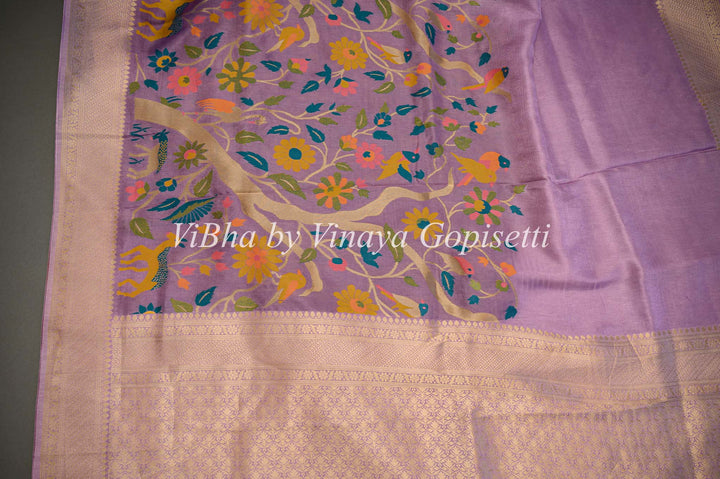 Lavender Banarasi Paithani Silk Saree And Blouse