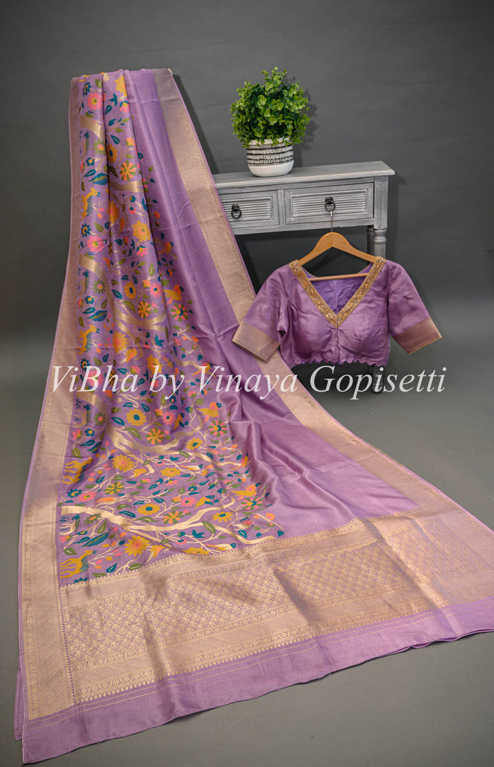 Lavender Banarasi Paithani Silk Saree And Blouse