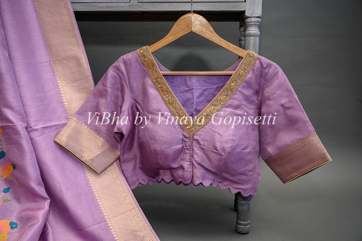 Lavender Banarasi Paithani Silk Saree And Blouse