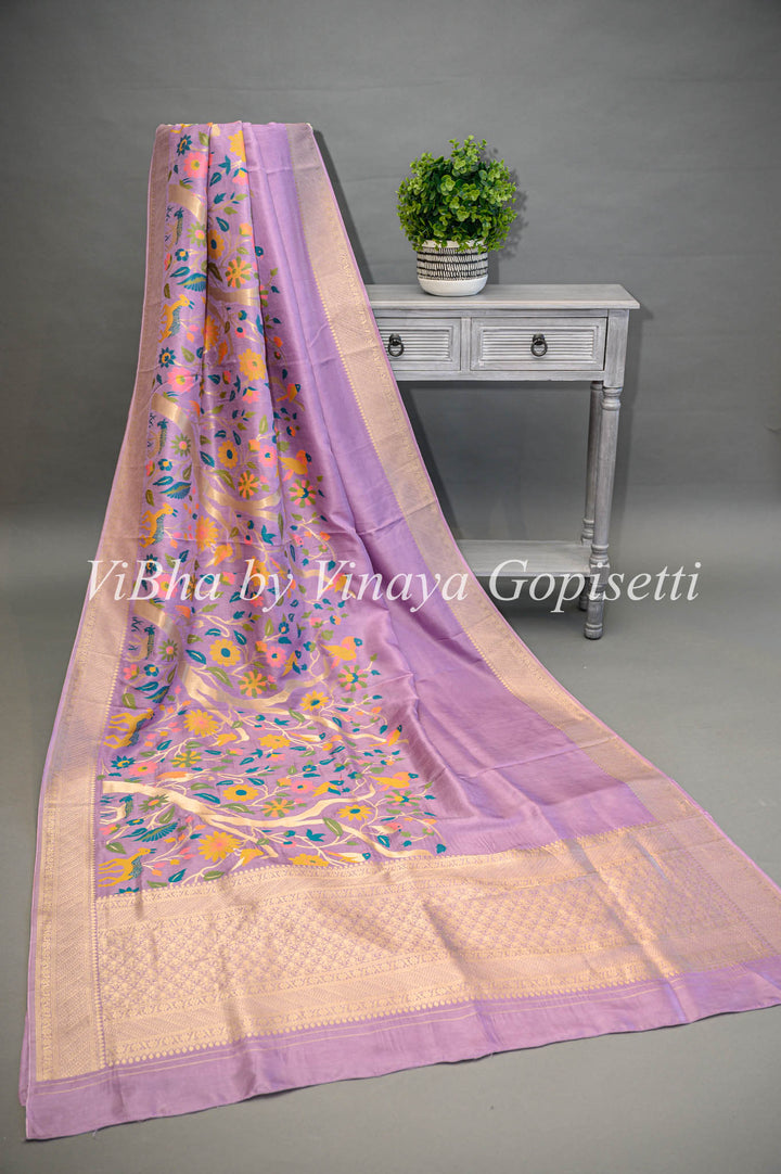 Lavender Banarasi Paithani Silk Saree And Blouse