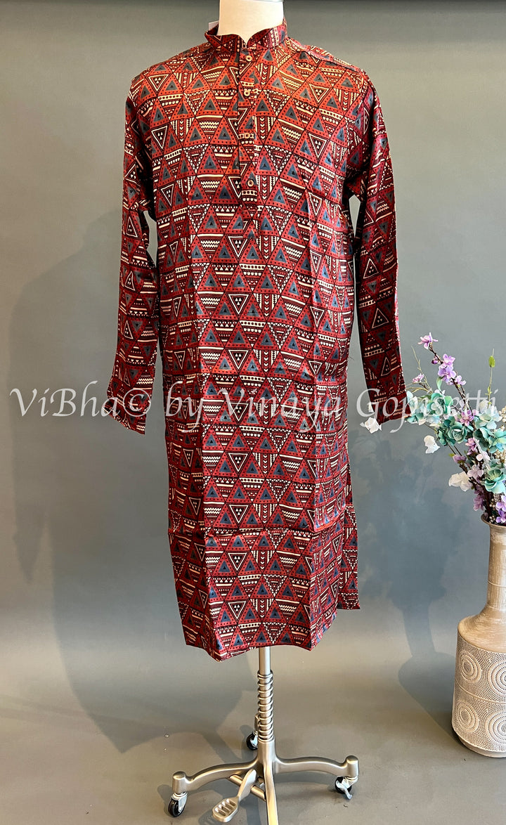 Maroon Gaji Silk Ajrakh Kurta