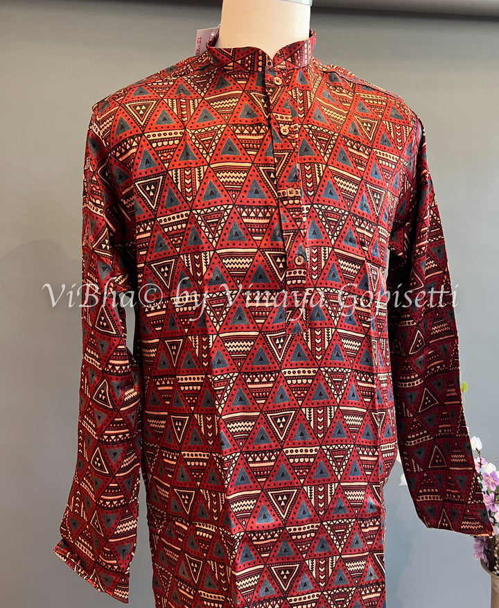 Maroon Gaji Silk Ajrakh Kurta