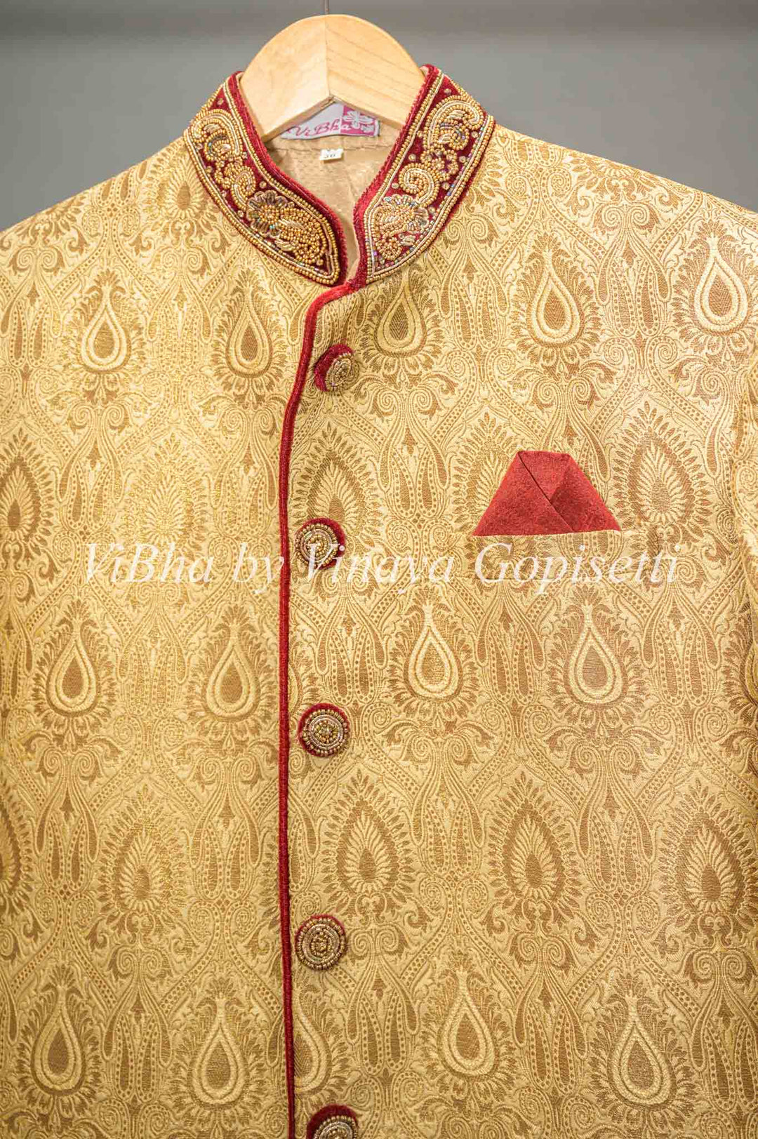 Gold Brocade And Maroon Sherwani Set