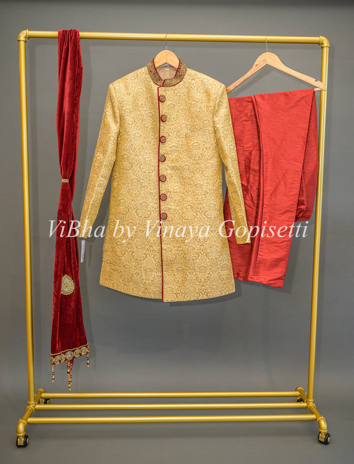 Gold Brocade And Maroon Sherwani Set