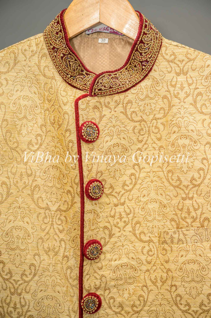Gold Brocade And Maroon Sherwani Set
