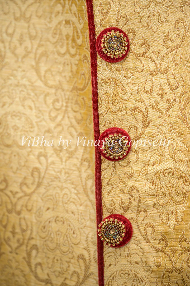 Gold Brocade And Maroon Sherwani Set